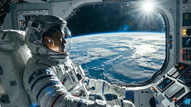 Astronaut in a spacesuit looking out a spacecraft window at the planet Earth. A cosmonaut sits in a futuristic cockpit orbiting the globe. Space exploration concept for sci-fi and tech media.