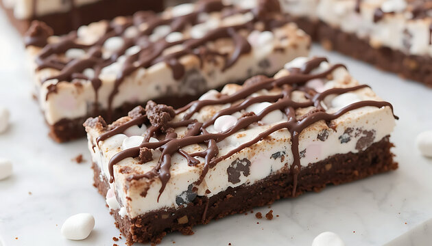 Brownie bars topped with creamy marshmallow layer and chocolate drizzle surrounded by scattered marshmallows