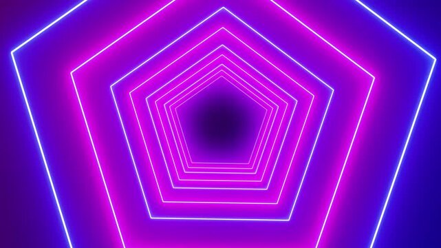 Infinite neon pentagon tunnel with purple and blue glow. Pentagon tunnel abstract background. Professional pentagon tunnel for digital cyberspace animation and virtual reality graphics.
