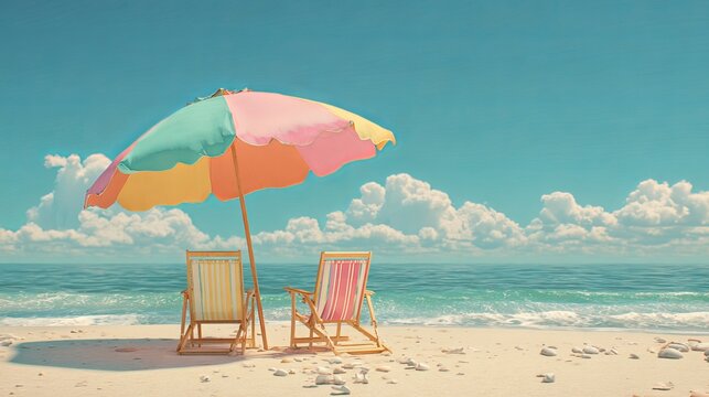 3d rendering of sandy beach with turquoise ocean water, bright sunny day, tropical summer holiday vacation background with copy space