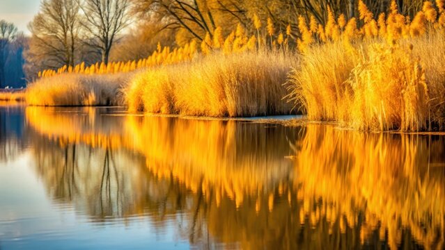 A photo of a mirrorsmooth river surface with golden yellow reeds growing along the bank on a windless winter day