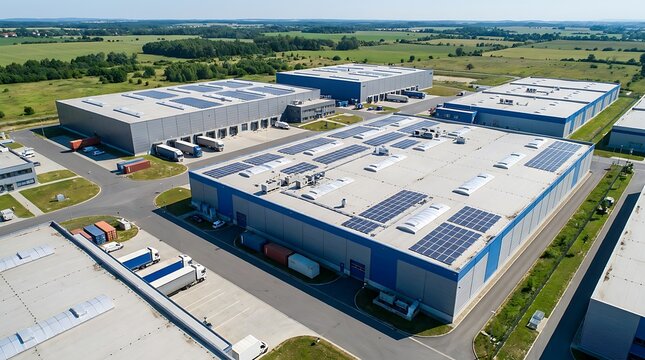 Modern industrial warehouse complex with loading docks and trucks busy with logistics and distribution near green fields under blue sky.