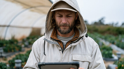 Fototapeta premium Rain-soaked strawberry fields with irrigation sensors visible between raised beds, farm data analyst sheltering under translucent polytunnel reviewing harvest readiness algorithm output on ruggedize
