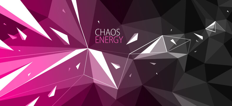Low poly vector abstract background, 3D dark polygonal surface and particles flying in chaos, triangular structure and debris in decay, science and technology.