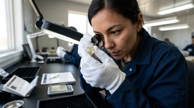 Woman examining rough diamond with loupe. Gemologist inspecting natural stone in laboratory. Precious gem evaluation for jewelry industry and mining concept.