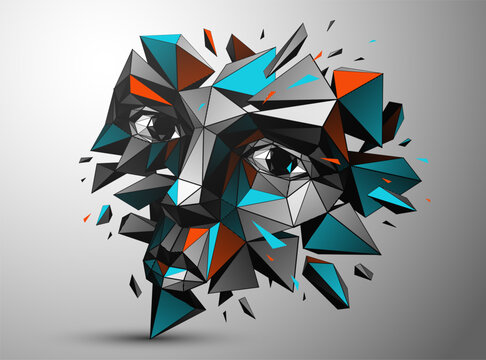 Low poly polygonal portrait of human face breaking into fragments, abstract geometric explosion of shattered pieces, modern digital illustration.