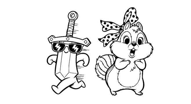 Cool walking sword and surprised chipmunk with polka dot bow