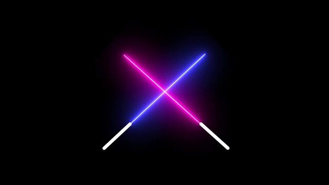 Two glowing neon light sabers crossed on black background. Neon light sabers abstract blue. Professional neon light sabers for futuristic science fiction battle and cinematic combat art.