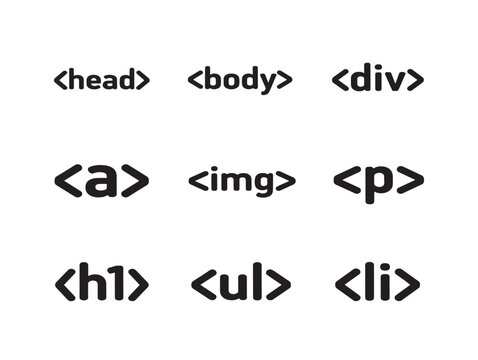 Vector html code tags illustration with common web elements