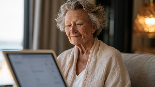 Elderly woman in a luxury assisted-living apartment reviews her personalized wellness program portal on a large-format tablet, daily activity goals, sleep quality scores, and nutritional compliance 