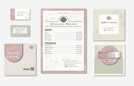 Menu template design set with a hand-dawn illustration of Sakura cherry blossoms, price list, business card, social media
