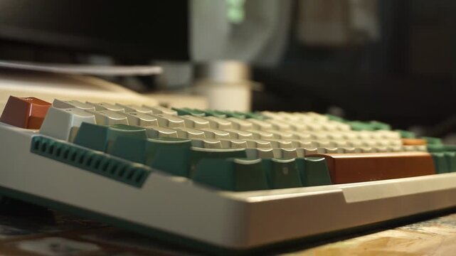 A close up view of a male hand gently pressing single keys on a green and white mechanical keyboard, bathed in soft warm sunlight against a blurred dark indoor background space.