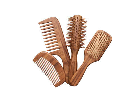 Natural wooden hair combs and brushes in a varied set, perfect for eco-friendly personal care and styling.