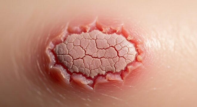 Close-up Macro View of a Dry Cracked Skin Lesion with Redness.
