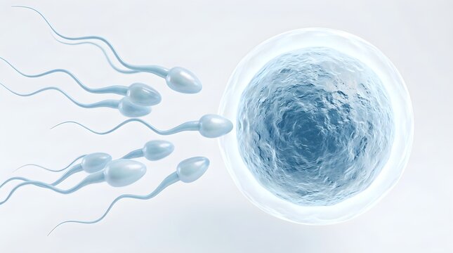 Dynamic illustration of sperm cells encountering an egg, symbolizing reproduction and the wonder of new beginnings