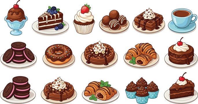 Delicious dessert collection with cakes, cupcakes, donuts, waffles and coffee cartoon food vector illustration set