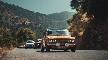 Fototapeta premium Vibrant rally race car drifting through a sharp dirt turn kicking up dust cloud, dynamic action shot, sunny outdoor off-road track daytime