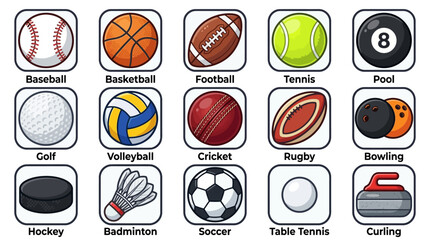 Obraz premium Set of colorful sports equipment icons including various balls and gear.