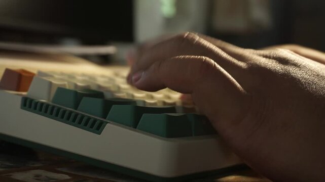 A low angle side shot capturing male hands slowly pressing keys on a mechanical keyboard, with sunlight highlighting the skin and the green and white keycaps in a shadowy room.