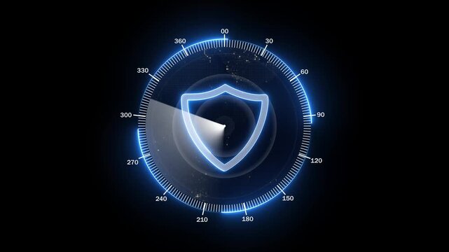Blue shield icon within a circular radar display with numerical. Shield icon security protection. Professional shield icon for digital network surveillance and cybersecurity monitoring.