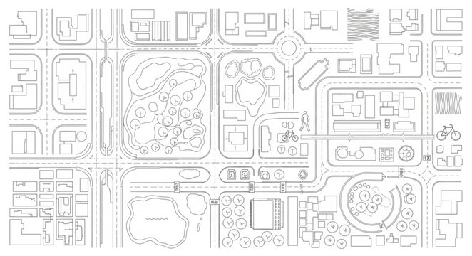 Aerial view of a city map with buildings and streets.