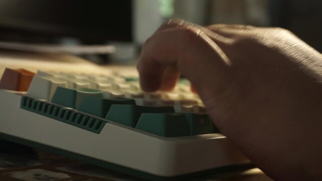 A detailed side perspective of male hands rapidly typing on a colorful mechanical keyboard, featuring white, green, and orange keys illuminated by soft sunlight in a dark room.