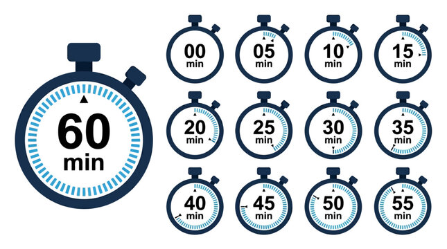Set of twelve stopwatch icons with time intervals in minutes.