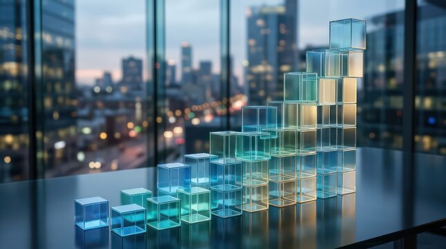 Transparent glass cube growth chart on office table with city background for business strategy header and corporate finance banner