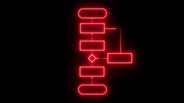 Red neon flowchart diagram on black background with copy space. Flowchart diagram process algorithm. Professional flowchart diagram for digital system logic and technical organization.