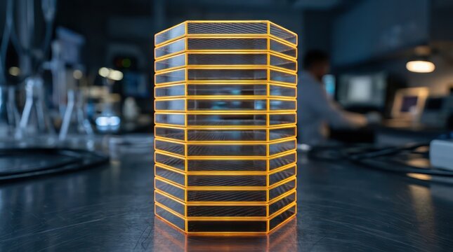 Semi Transparent Hexagonal Carbon Composite Tile Stack with Amber Glowing Edges on Modern Laboratory Technology Background