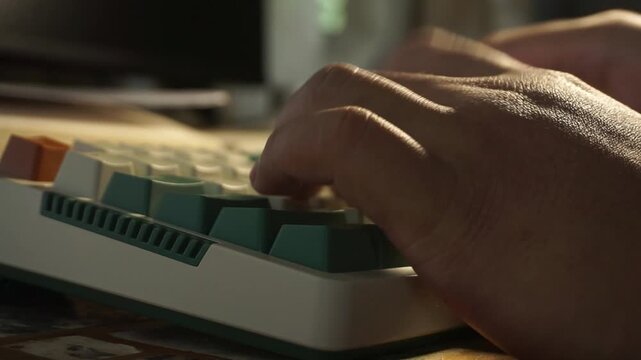 An intimate side view of male hands actively typing on a mechanical keyboard with green and white keys, caught in warm natural sunlight against a deeply blurred dark background.