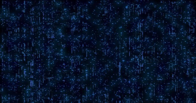 An abstract digital background of glowing blue data particles and pixels cascading like a matrix against a dark backdrop.