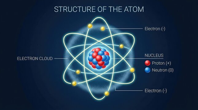 Atom structure showing dense nucleus composed of proton and neutron particle, with electron shell orbiting around the central mass, depicting atomic theory and quantum energy level.