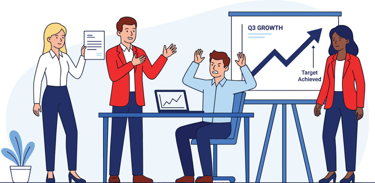 Professional Business Team Celebrating Q3 Growth Success with Financial Data Chart Presentations Corporate Office Collaboration and Positive Workplace Achievement Vector