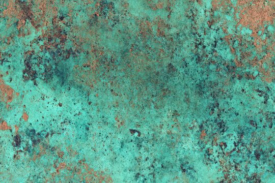 Oxidized Copper Bronze Metal Close Up With Turquoise Patina, Weathered Corrosion Abstract Texture Background