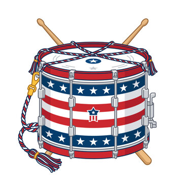 Patriotic USA flag patterned marching drum with crossed drumsticks.
