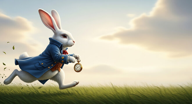 White rabbit running with a pocket watch