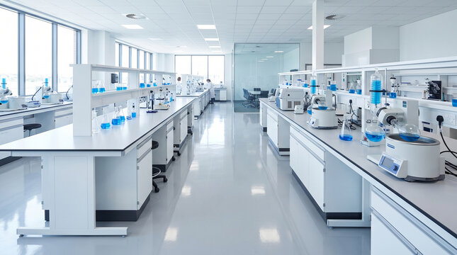 Modern bright medical laboratory interior with scientific equipment, microscopes, glass flasks with blue liquid and professional research workspace for biotechnology