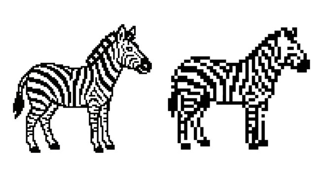 Two black and white zebra illustrations in pixel art and line drawing styles