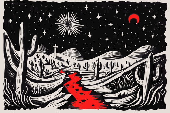 Hand-drawn vector Mojave desert night landscape. Minimalist style, limited ink lines, sketchy contour on aged parchment, like an old treasure map includes sparse cactus, distant hills, rocks.