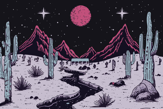 Hand-drawn vector Mojave desert night landscape. Minimalist style, limited ink lines, sketchy contour on aged parchment, like an old treasure map includes sparse cactus, distant hills, rocks.