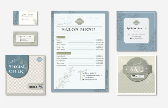 Menu template design set with a hand-dawn illustration of rosemary herbs, price list, business card, social media