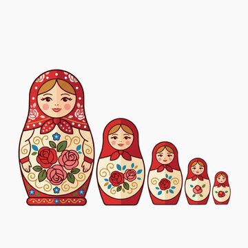 A set of traditional Matryoshka dolls arranged in descending size order. These dolls represent cultural heritage and symbolic nesting