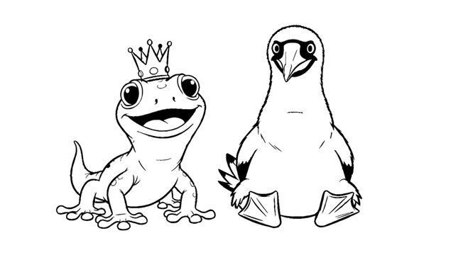 King gecko wearing crown and seabird line art