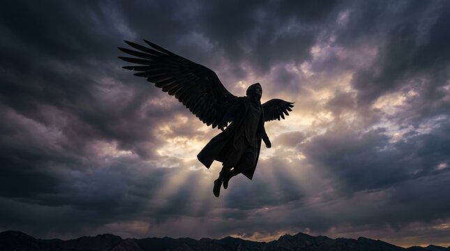 Dark silhouette of hooded man with wings flying through stormy clouds. Mystical angel soaring in dramatic twilight sky over mountains. Fantasy spiritual freedom and supernatural adventure concept