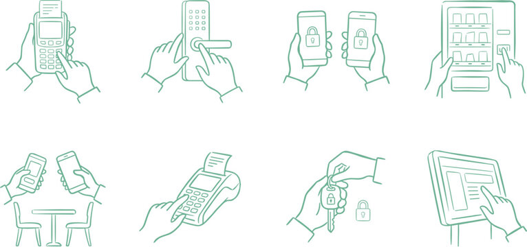 Digital security and payment interaction icon set featuring smart locks mobile syncing point-of-sale terminals and vending machine transactions in green line art