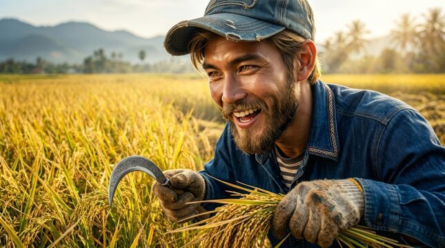 Man harvesting rice with sickle in golden field. Smiling farmer collecting crop in tropical landscape. Rural agriculture and sustainable farming concept
