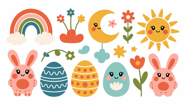 Colorful seasonal icons set with animals, flowers, and weather symbols
