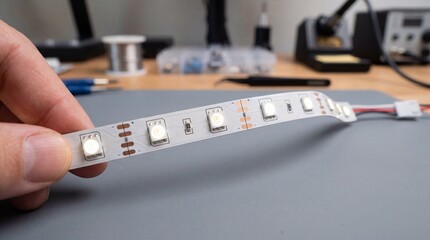 Fototapeta premium Close up of flexible led strip light being held for electronics background and product banner design
