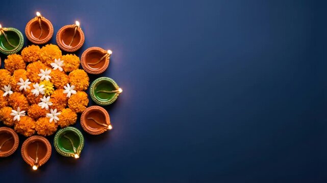 Flat lay of oil lamps and marigold flowers arranged in a circle on a dark blue background for a festival